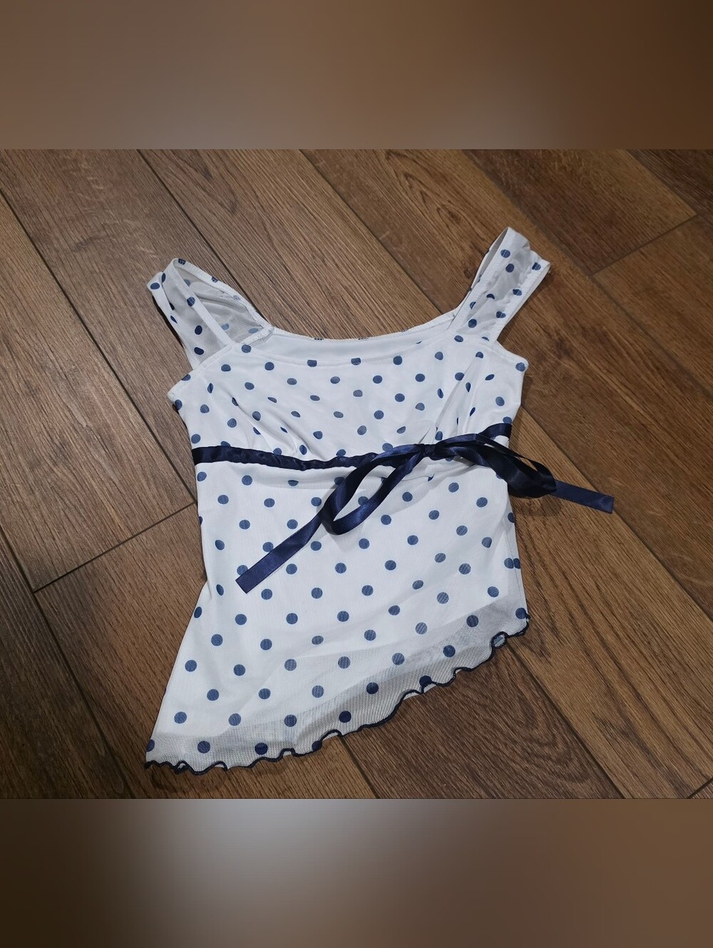 SHEIN White and Navy Polka Dot Ribbon Cami